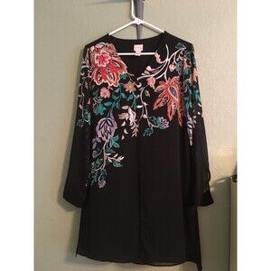 Chico's 0 Size S Embroidered Semi Sheer Black Floral Overlay Tunic